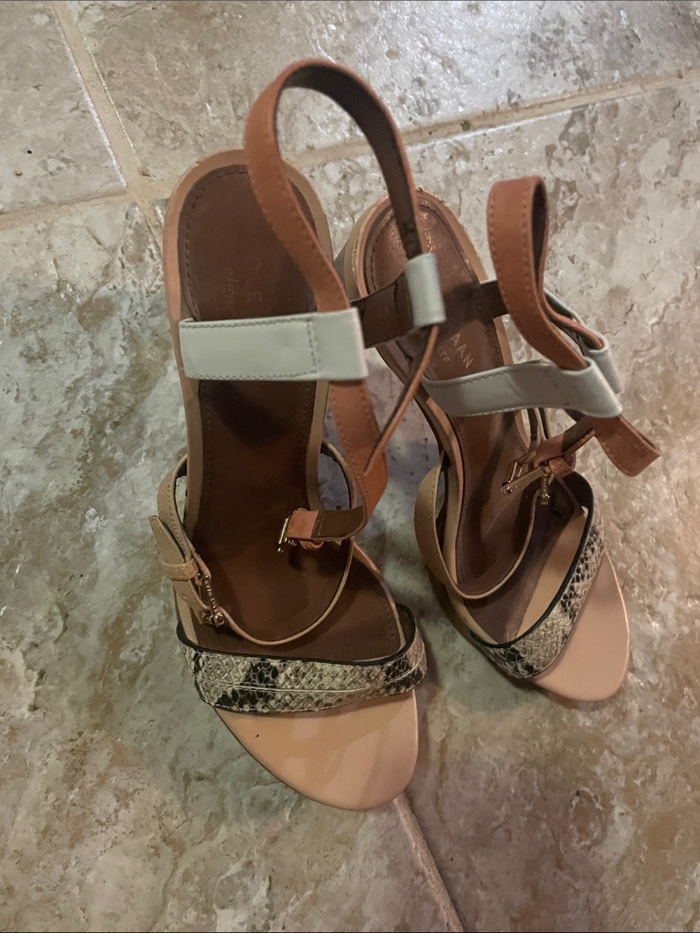 Cole Haan Tan, Cream & Snake-Print Strappy High Heel Sandals  (gently used)